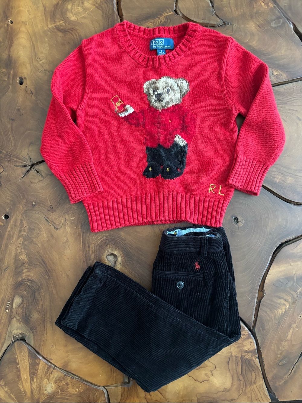 Polo by Ralph Lauren Red Teddy Bear Sweater with Black Corduroy Pants